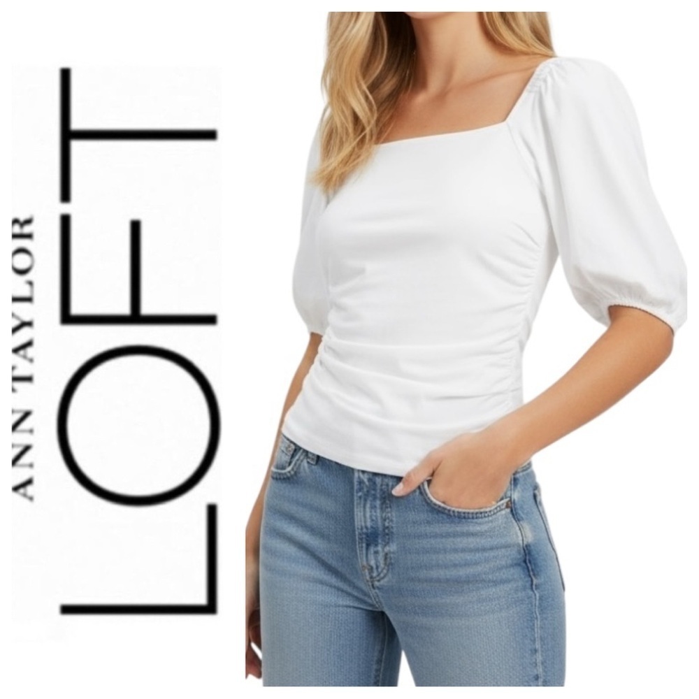 LOFT White Ruched Bubble Sleeve Top XL Square Neck Puff Blouse NWT Cottagecore